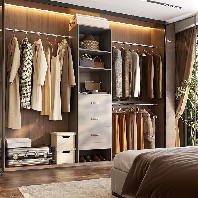 96'' Closet Organizer System with 3 Hanging Rods (Without 3 Storage Shelves), 8FT Closet Systems, Wall Mount Bedroom Wardrobe with 3 Wood Drawers, Adjustable Garment Rack from 5 to 8FT, Grey