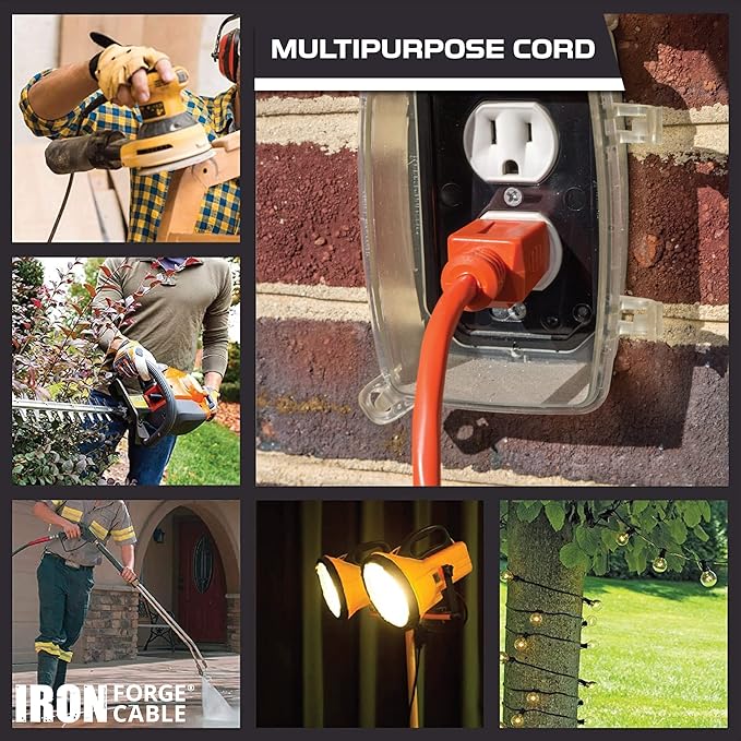 Iron Forge Cable Weatherproof 200 Ft Outdoor Extension Cord - 16/3 SJTW 10 Amp Heavy Duty Highly Visible Orange Extension Cord 3 Prong - Lighted End