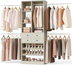 Closet System, 4.2–8.8 FT Closet Organizer with 2 Wooden Drawers and Shelves, Walk-in Closet System with 5 Hang Rods, Built-in Reach in Closet Tower, Can Fit 60 to 96 inch, Greige Oak