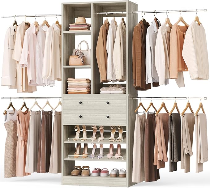 Closet System, 4.2–8.8 FT Closet Organizer with 2 Wooden Drawers and Shelves, Walk-in Closet System with 5 Hang Rods, Built-in Reach in Closet Tower, Can Fit 60 to 96 inch, Greige Oak