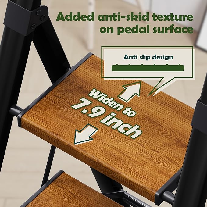 Taranta 4 Step Ladder, Portable Folding Ladder with Wide Pedal, Lightweight Aluminum Step Stool with Convenient Handgrip, 330 lbs Capacity Stepladder for Home, Office - BlackWoodgrain