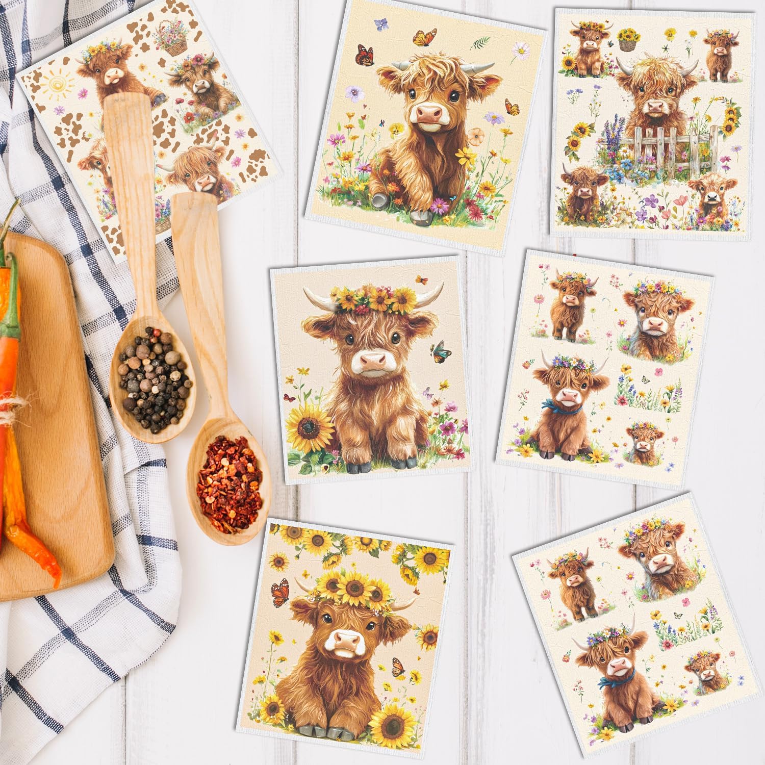 Swedish Dishcloths for Kitchen, 6PCS Floral Highland Cow Swedish Dish Cloths Gift Set, Reusable Washable Absorbent Dish Towel for Home Cleaning