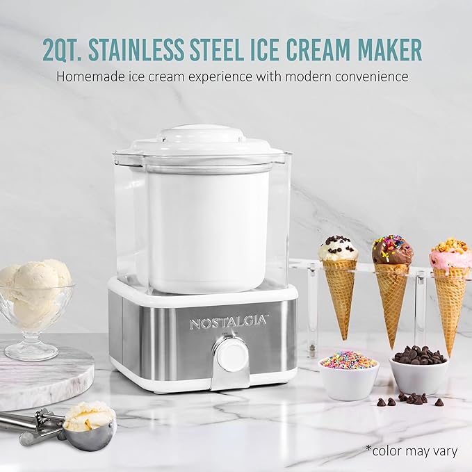 Nostalgia Electric Ice Cream Maker with 2-Qt Double Insulated Gel Canister & Stainless Steel Base - Makes Sorbet, Soft Serve, and Frozen Yogurt - White