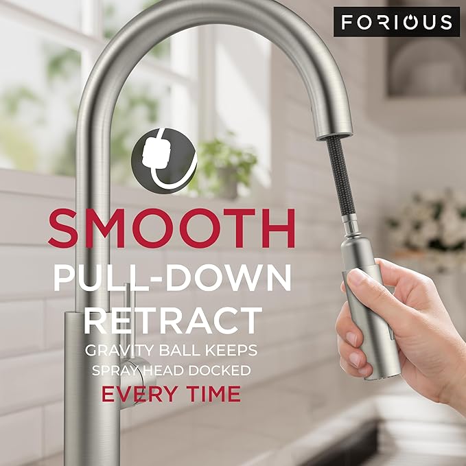 FORIOUS Kitchen Faucet with Pull Down Sprayer, Classic Brushed Nickel, Single Handle High Arc Stainless Steel Kitchen Sink Faucet, 1 or 3 Hole Deck Mount for RV, Bar, Farmhouse, Laundry, Outdoor