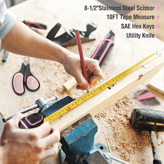 WORKPRO 52-Piece Pink Tools Set, Household Lady Tool Kit with Storage Toolbox, Basic Tool Set for Home, Garage, Apartment, Dorm, New House, Back to School, and as a Gift