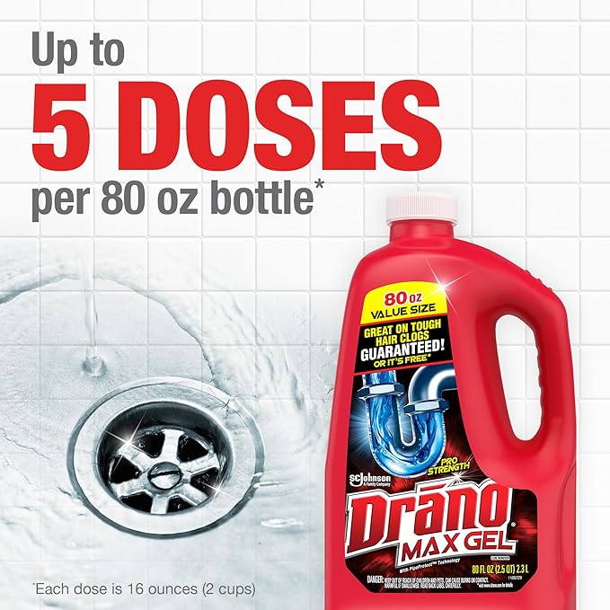 Drano Max Gel Drain Clog Remover and Cleaner for Shower or Sink Drains, Unclogs and Removes Hair, Soap Scum and Blockages, 80 Oz