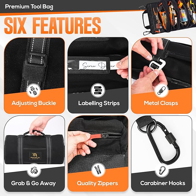 Roll up tool bag organizer with Carabiners - 4 Large Oversized Pockets with Labels-Tool roll bag organizer - Canvas foldable tool Bag organizer | Tool organizer bag for Mechanic, Electrician & more