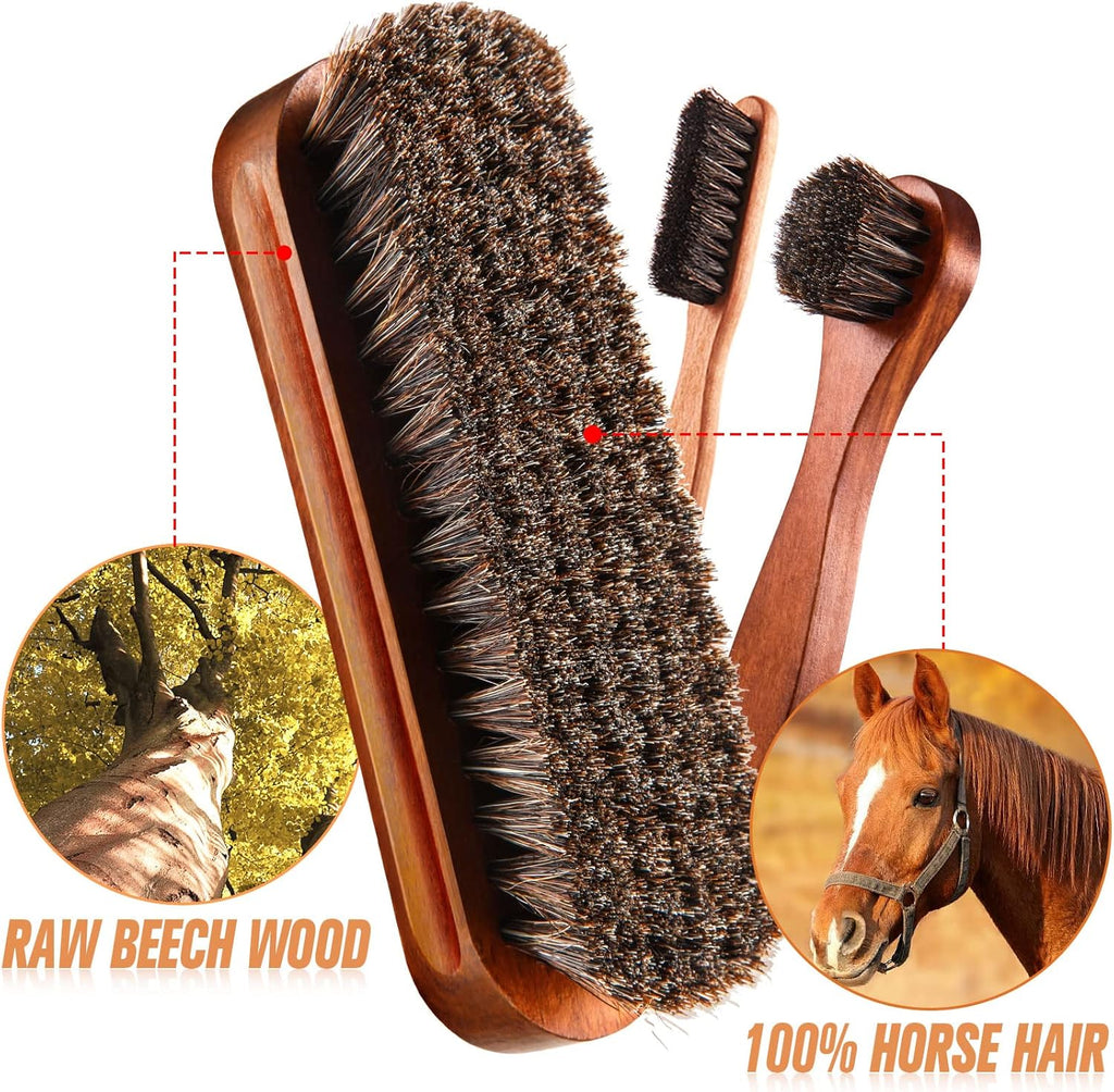4 Pcs Horsehair Shine Shoes Brush Kit Polish Dauber Applicators Cleaning Leather Shoes Boots Care Brushes Suede Cleaner Brush with Microfiber Shoe Cloth(4 Pcs Style A)