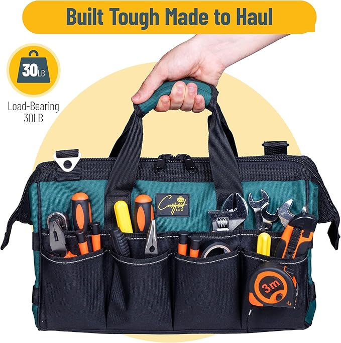 Garden Tool Bag Organizer – 13 Pocket Heavy-Duty Gardening Tote with 7 Outer & 6 Inner Compartments, Anti-Slip Base, Adjustable Shoulder Strap & Belt – Garden Organizers and Storage (Green)