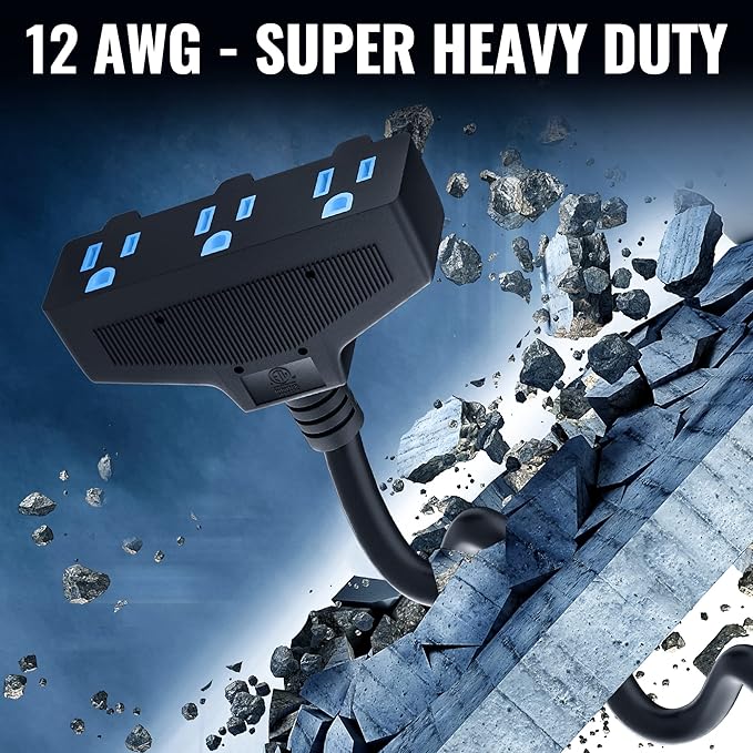 Outdoor Extension Cord 50 Ft with 3 Outlets, 12/3 SJTW 3 Prong Grounded Power Cord, 12 Gauge 12AWG Heavy Duty Power Cable, ETL Listed, 15 Amp 125 V 1875 W-Multiple Outlets for Indoor/Outdoor-Black