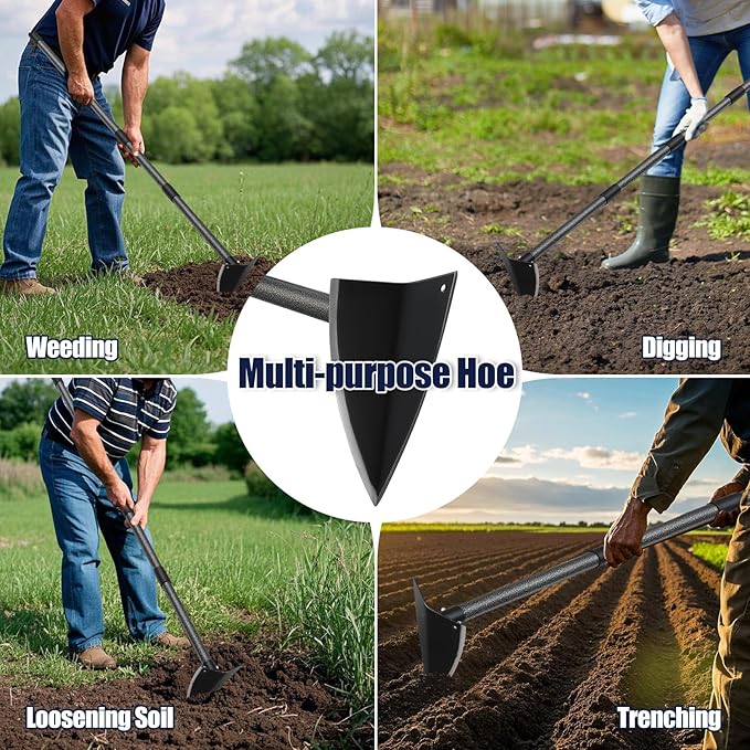 Extra-Sharp Triangular Hoe - Heavy Duty Gardening & Construction Tool with 15"-60" Adjustable Stainless Steel Pole, Detachable Design for Digging, Weeding, Trenching