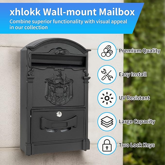 Wall Mount Mailboxes, Rust Resistant Locking Wall Mailbox for Outside, Galvanized Steel and Aluminum Stamping Process, Vintage Mailbox with Key Lock Large Capacity Outdoor Decoration, Black