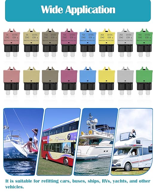 Automotive Low Profile ATC ATO Fuse Car Resettable 3A 5A 7.5A 10A 15A 20A 25A 30A Standard Fuses Manual Reset Fuses Blade Circuit Breaker for Boat Truck SUV Motorcycle 32VDC Fuse Assortment Kit