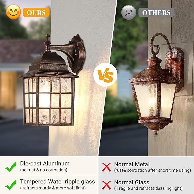 Farmhouse Exterior Light Fixtures - Sensor Dusk to Dawn Outdoor Porch Lights, Black Brush Gold Wall Sconce, Outside Wall Lantern for Front Door, Garage 2 Pack