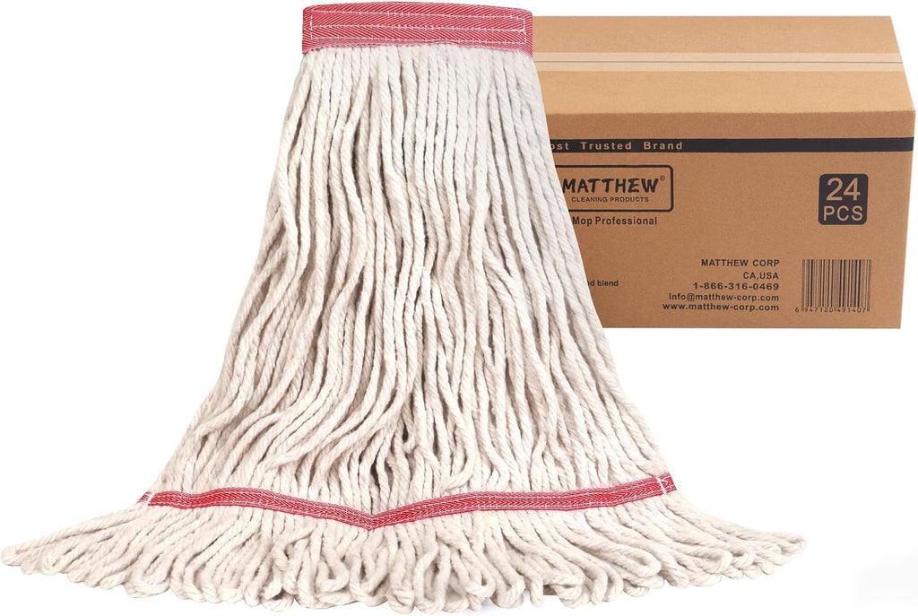 MATTHEW CLEANING Heavy Duty Mop Head Commercial Replacement for General and Floor Cleaning, Wet Industrial Blue Cotton Looped End String Head Refill (Case of 24) White