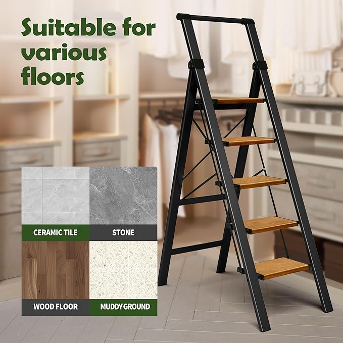 Taranta 5 Step Ladder, Portable Folding Ladder with Wide Pedal, Lightweight Aluminum Step Stool with Convenient Handgrip, 330 lbs Capacity Stepladder for Home, Office - BlackWoodgrain