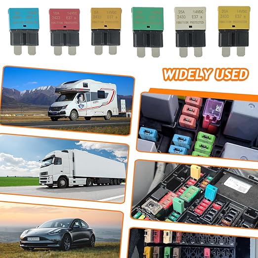 Auto Reset Circuit Breaker Fuse E37 Low Profile ATC/ATO 14V DC 5A 10A 15A 20A 25A 30A Type 1 car Mini Fuses Circuit Breakers（6 pcs Mixed）