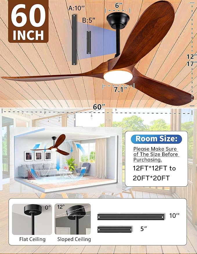 60 Inch Outdoor Ceiling Fans with Lights and Remote,3 Blades Wood Propeller, Quiet DC Motor,Dimmable Outdoor Ceiling Fans for Patios,Farmhouse,Living Room,Bedroom, Indoor,Walnut