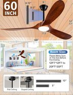 60 Inch Outdoor Ceiling Fans with Lights and Remote,3 Blades Wood Propeller, Quiet DC Motor,Dimmable Outdoor Ceiling Fans for Patios,Farmhouse,Living Room,Bedroom, Indoor,Walnut