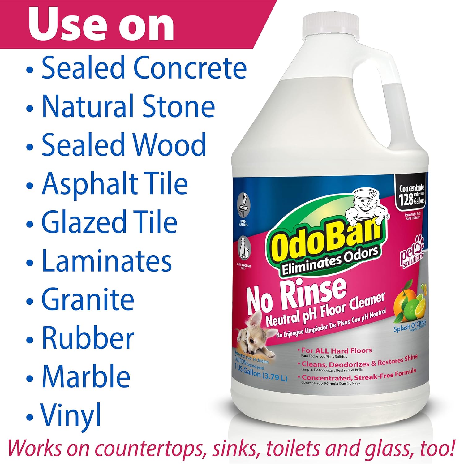 OdoBan Pet Solutions No Rinse Neutral pH Floor Cleaner Concentrate, Made in the USA, Splash O' Citrus Scent, 4 Gallons
