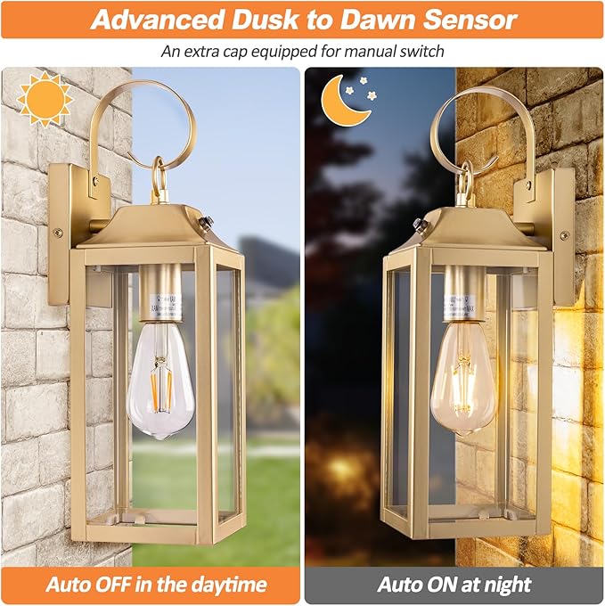Dusk to Dawn Wall Lights 2 Pack, Gold Outdoor Light Fixtures, 15 Inch Exterior Wall Sconces Waterproof, Large Outside Lights for House, Modern Wall Lanterns Clear Glass