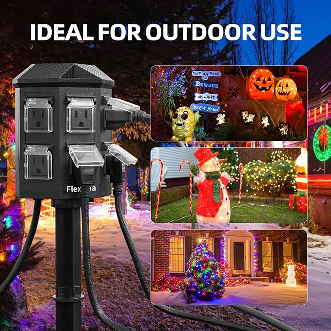 Outdoor Power Stake, 25 Feet Extension Cord Waterproof, Independently Remote Control 3 Sets of Outlets, 6 Grounded Outlets for Garden, Patio, Outdoor Decor, ETL Listed