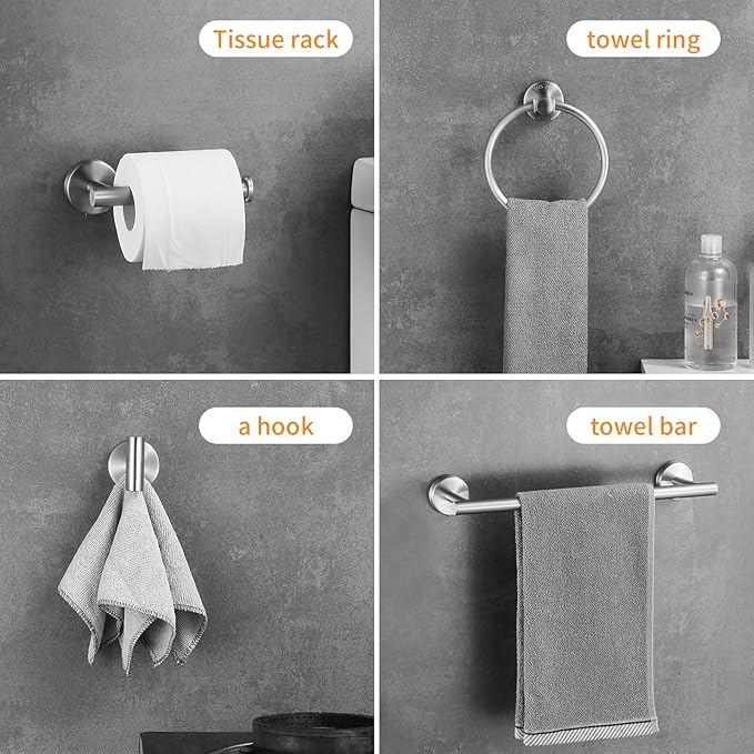 Bathroom Hardware Set Brushed Nickel, 24 Inch Towel Bar Set 10 Pieces Bathroom Accessories Set Includes Includes 2 Packs 24 Inch Towel Bar, Towel Ring, Toilet Holder and 4 Packs Towel Hooks