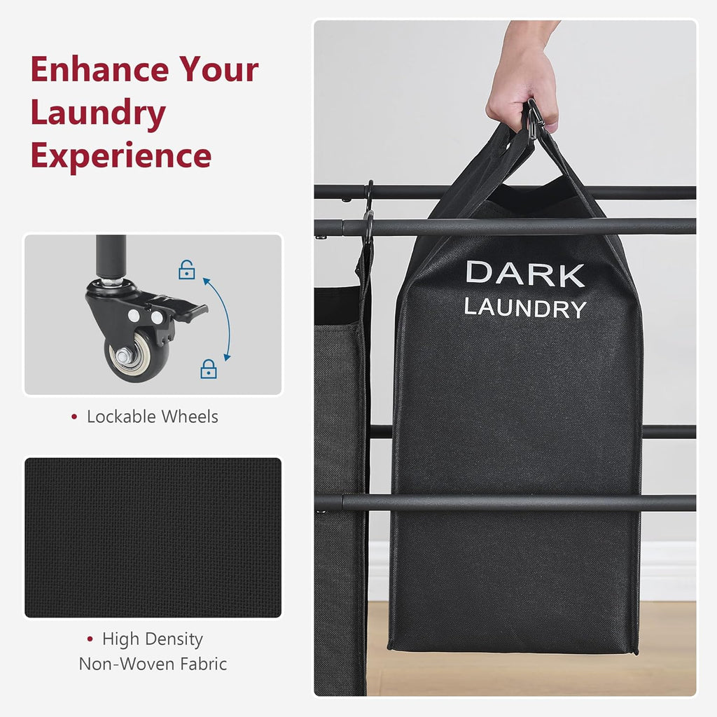 Tajsoon Laundry Sorter Cart with Hanging Clothes Rack, 4 Butler Sorter Basket Organizer, Laundry Hamper Cart with Heavy Duty Rolling Lockable Wheels, Black