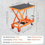 VEVOR Hydraulic Lift Table Cart, 330lbs Capacity 28.5" Lifting Height, Manual Single Scissor Lift Table with 4 Wheels and Non-Slip Pad, Hydraulic Scissor Cart for Material Handling and Transportation