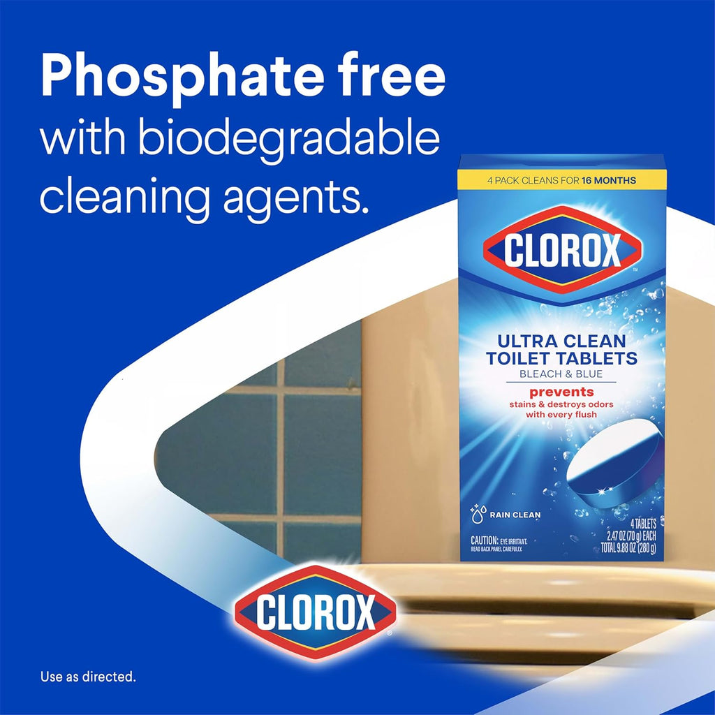 Clorox Ultra Clean Toilet Tablets Bleach & Blue, Rain Clean Scent, 2.47 Ounces Each, 4 Count (Package May Vary)