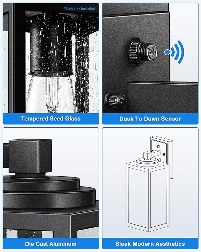 VIANIS 14.5" Large Outdoor Sconce Lights, Black Dusk to Dawn Outdoor Lighting with Tempered Bubble Glass, Anti-Rust Outside Light Fixtures Wall Mount, Waterproof Front Porch Light for Porch, Garage