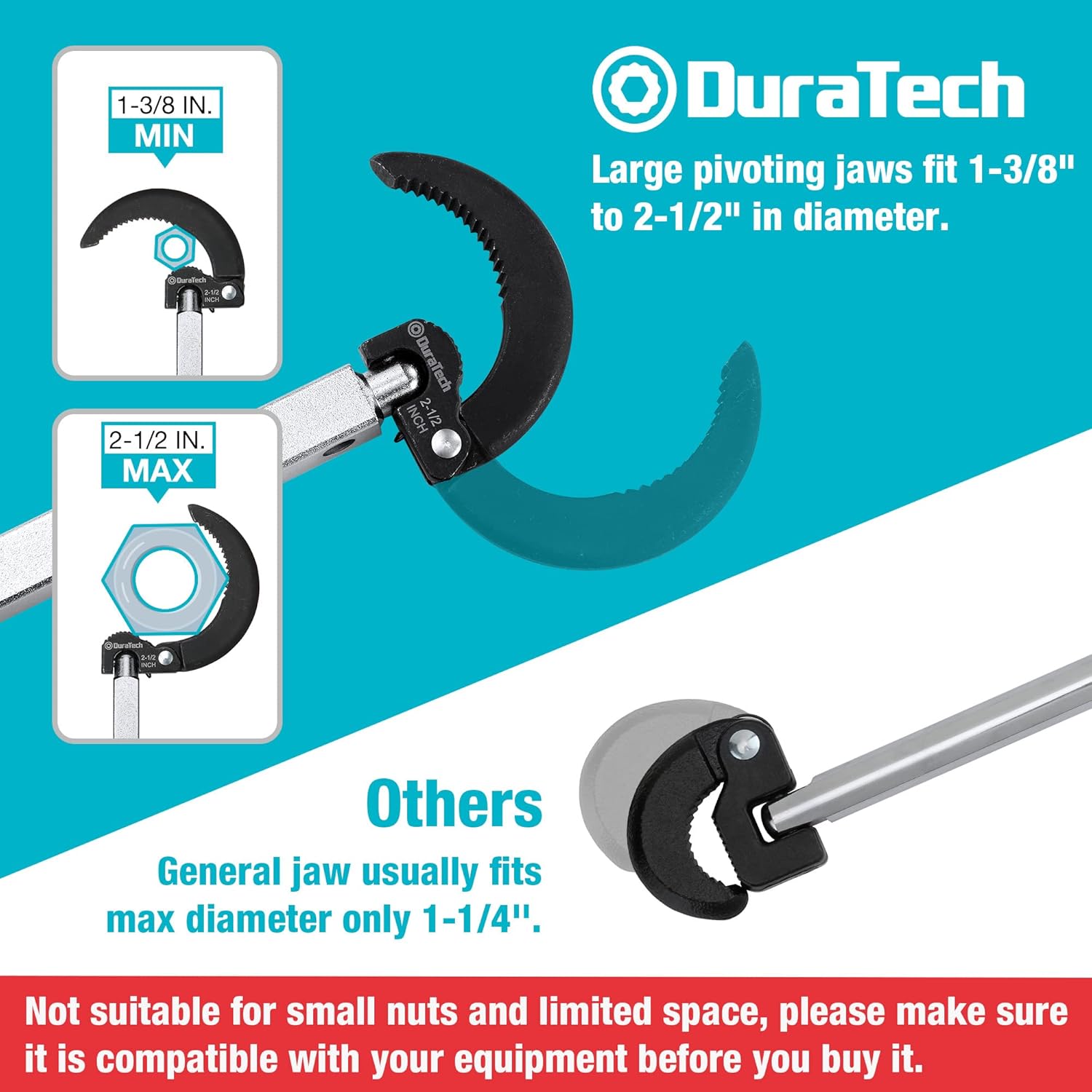 DURATECH 10 "-17" Telescoping Basin Wrench with 1-3/8" to 2-1/2" Large Jaw Capacity & Tub Drain Remover Wrench Aluminum Alloy Drain Removal Tool, Dual Ended