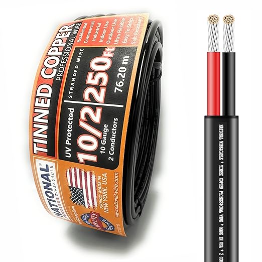 National Wire&Cable - 10/2 Tinned Copper Professional Wire (250 Feet) 10 AWG Gauge Stranded PVC Cord - 2 Conductor Electrical Wire - Made in USA - CL Rated/ETL Listed - Automotive, Low Voltage Cable