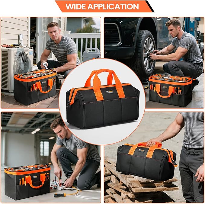 Wide Mouth Tool Bag, Heavy Duty Tool Bags for Men, 12-Pocket Portable Empty Tool Box Organizer Storage for Mechanic, Electrician, 17.3 inch, 600D Oxford, Orange