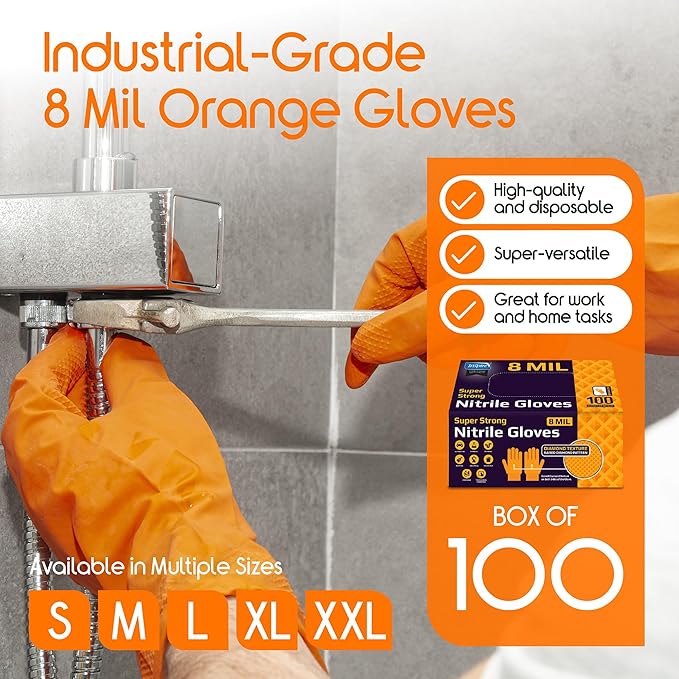 Inspire Heavy Duty Orange Nitrile Disposable Gloves | ULTRA 8 Mil Diamond Textured Grip | Industrial Mechanic Food