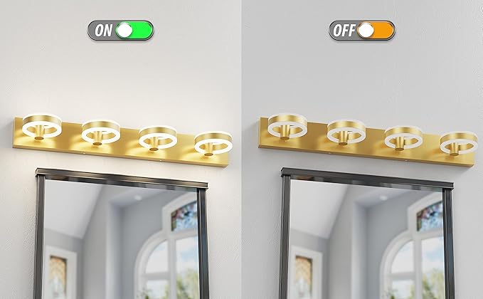 LED Bathroom Light Fixtures, 33inch Gold Vanity Lights, Modern 4 Light Acrylic Wall Sconces, 350° Rotatable Wall Lighting Fixture Over Mirror