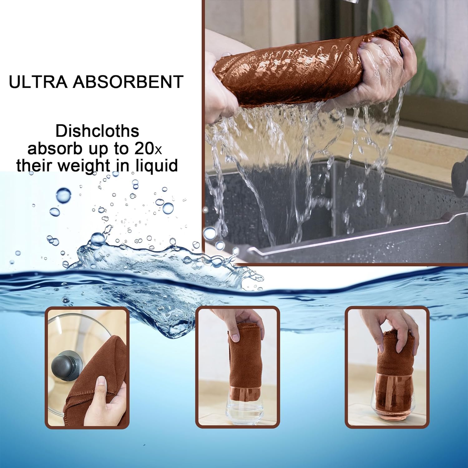 kimteny 13x28 Inches Kitchen Cloth Dish Towels, 400 GSM Premium Dishcloths, Super Absorbent Coral Velvet Microfiber Cleaning Cloths, Fast Drying Rags for Washing Dishes (12 Pack, Brown)