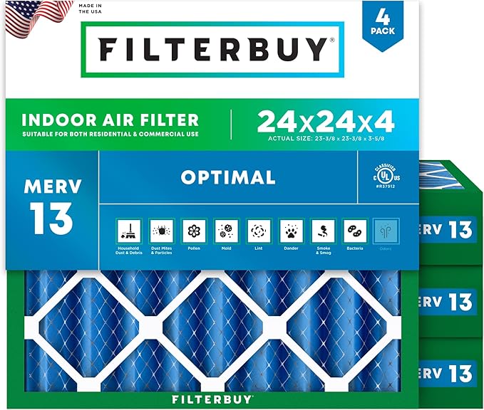 Filterbuy 24x24x4 Air Filter MERV 13 (MPR 1900) Health Defense Replacement (4-Pack), Electrostatic Pleated HVAC AC Furnace Filters, Made in USA (Actual Size: 23.38 x 23.38 x 3.63)