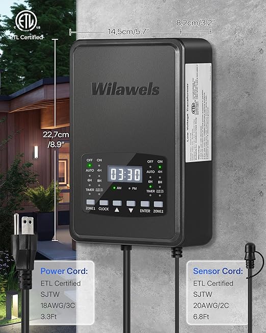 500W Low Voltage Landscape Transformer, 2 Zone Independent Control Landscape Lighting Transformer, 120VAC to 12/14V AC Low Voltage Transformer with Timer & Photocell Sensor ETL Listed D24LT06