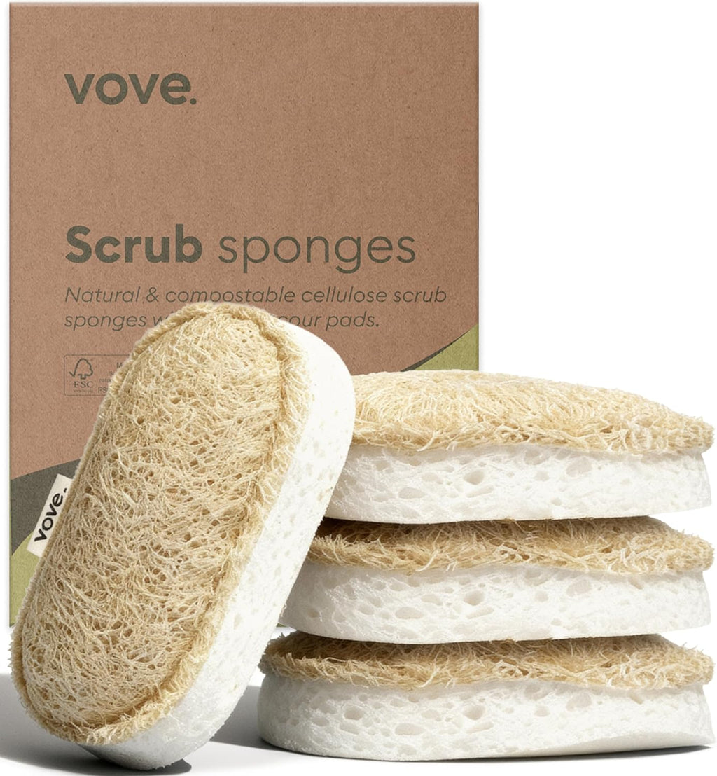 Vove Washing Up Sponges, Pack of 8 - Loofah & Cellulose Sponge with Cotton, Natural Eco-Friendly Kitchen Sponges & Scourers for Household Cleaning, FSC-Certified Packaging