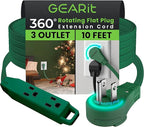 GEARit 360 Rotating Flat Plug Extension Cord with 3 Outlets (10ft, Green) 16AWG/13A 3 Prong Wire, Outlet Saver for Home Office Dorm Room Essentials, ETL Certified