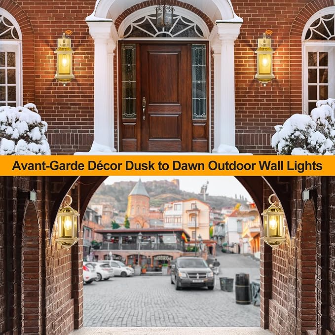 Large Dusk to Dawn Golden Outdoor Sconces 2-Pack, Anti-Rust Aluminum Brass Outdoor Light Fixtures Enclosed Bottom Exterior Lighting Wall Scones IP65 Waterproof Outside Wall Lanterns