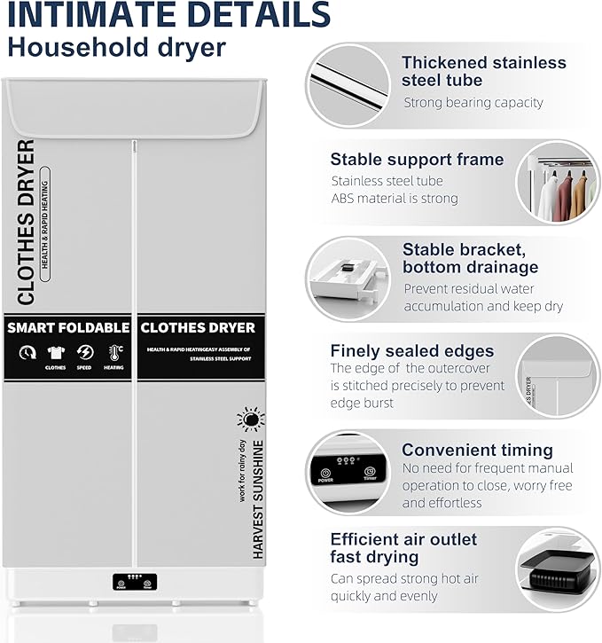 Clothes Dryer, Portable Foldable Drying Machine with Timer, Easy Carry Laundry Drying Wardrobe with Large Capacity, Electric Dryer/Rack for Home | Appartments | RV (Grey DF1)