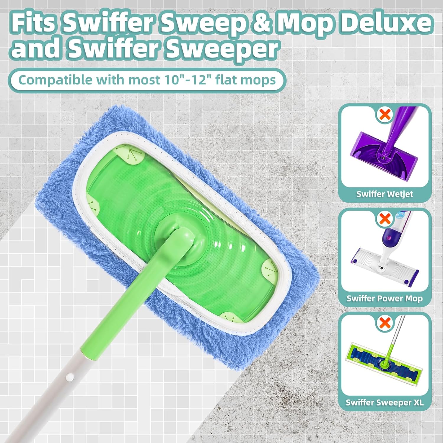 Reusable Mop Pads Compatible with Swiffer Sweeper Mop, Microfiber Dry Sweeping Cloths & Machine Washable Wet Pads Refill for Use on All Sealed Floors - Stone, Hardwood, Laminate & Tile (10 Blue)