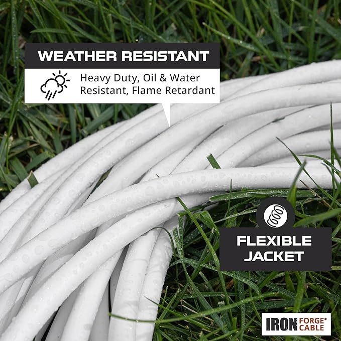 Iron Forge Cable 12 Gauge Outdoor Extension Cord 10 Ft, SJTOW 12/3 Heavy Duty White Extension Cord 3 Prong, Oil Resistant & Flame Retardant