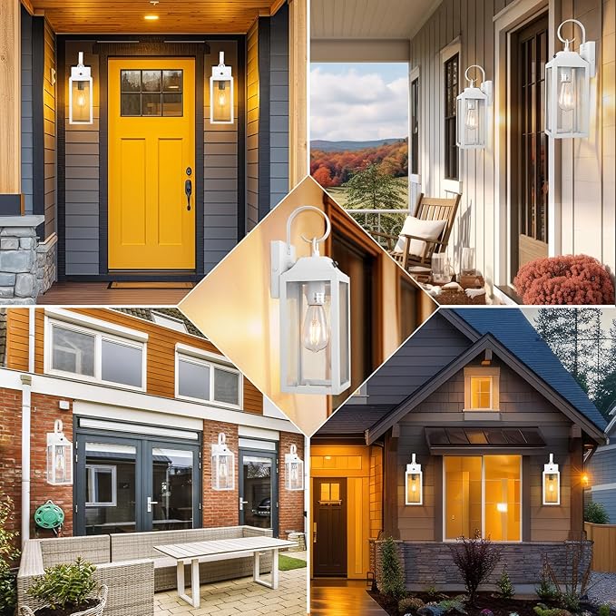 Dusk to Dawn Wall Lights 2 Pack, White Outdoor Light Fixtures, 15 Inch Exterior Wall Sconces Waterproof, Large Outside Lights for House, Modern Wall Lanterns Clear Glass