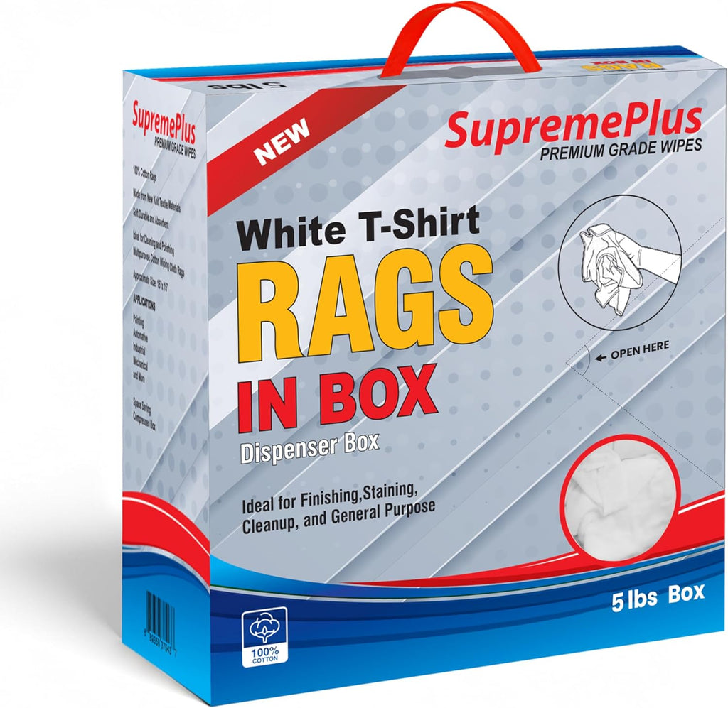 Premium White T-Shirt Cleaning Rags (5 lbs. Compressed Box - Pack of 8) – White Cotton Cloths for Cleaning, Staining, Painting, Oil, Grease & Dust Removal