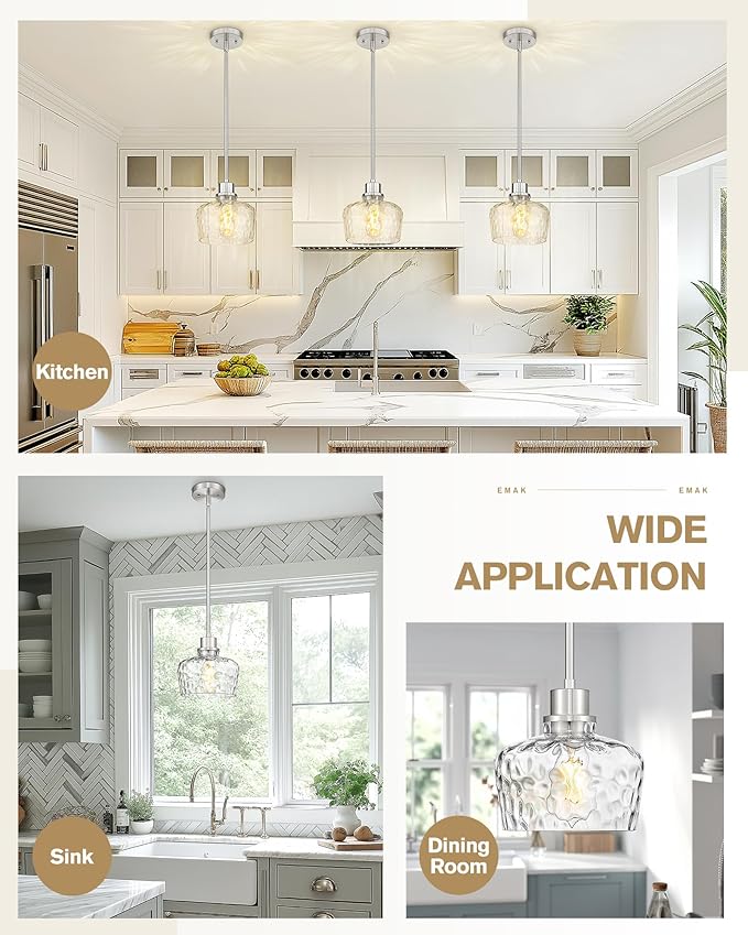 Emak Brushed Nickel Pendant Light Fixtures, 8 Inch Hammered Glass Pendant Lights Kitchen Island, Modern Hanging Light Fixture for Kitchen,Dining Room, Bathroom, PL122-BN-HG