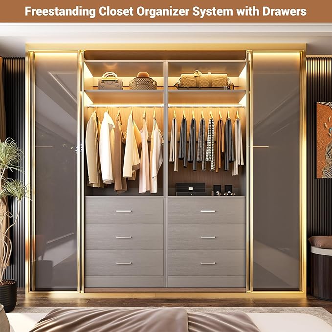 Freestanding 2FT Closet System with 3 Wood Drawers, 24" Closet Organizer System with Hanging Rod & Shelves, Walk-in Closet Systems for Small Closets, Grey (24"L x 15" W x 80" H)