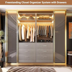 Closet System Set of 4, 8FT Closet Systems with 12 Wood Drawers, 96" Closet Organizer System with 4 Hanging Rods & 4 Shelves, Heavy Duty 96 Inch Walk-in Closet, Grey (96"L x 15" W x 80" H)